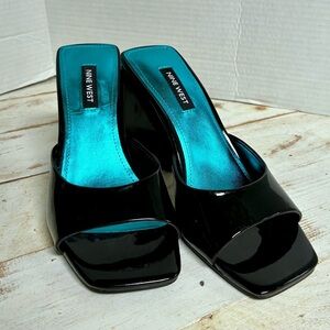 NINE WEST black slides sandals block heels square toe faux patent leather NWOB